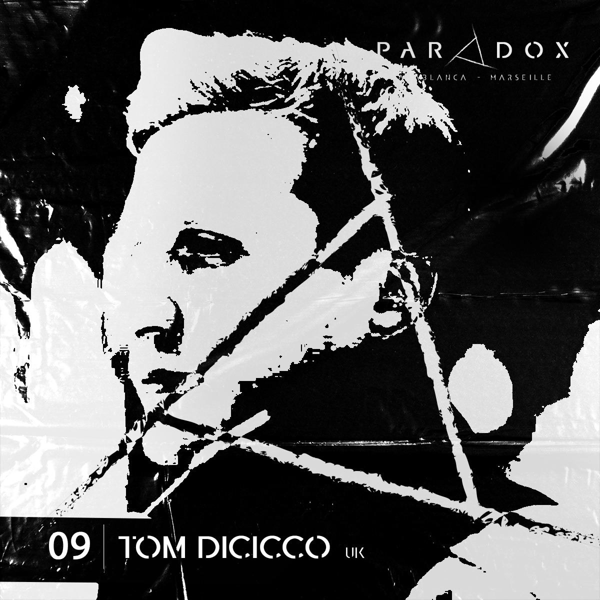 black and white paradox techno podcast cover number 09 with TOM DICICCO