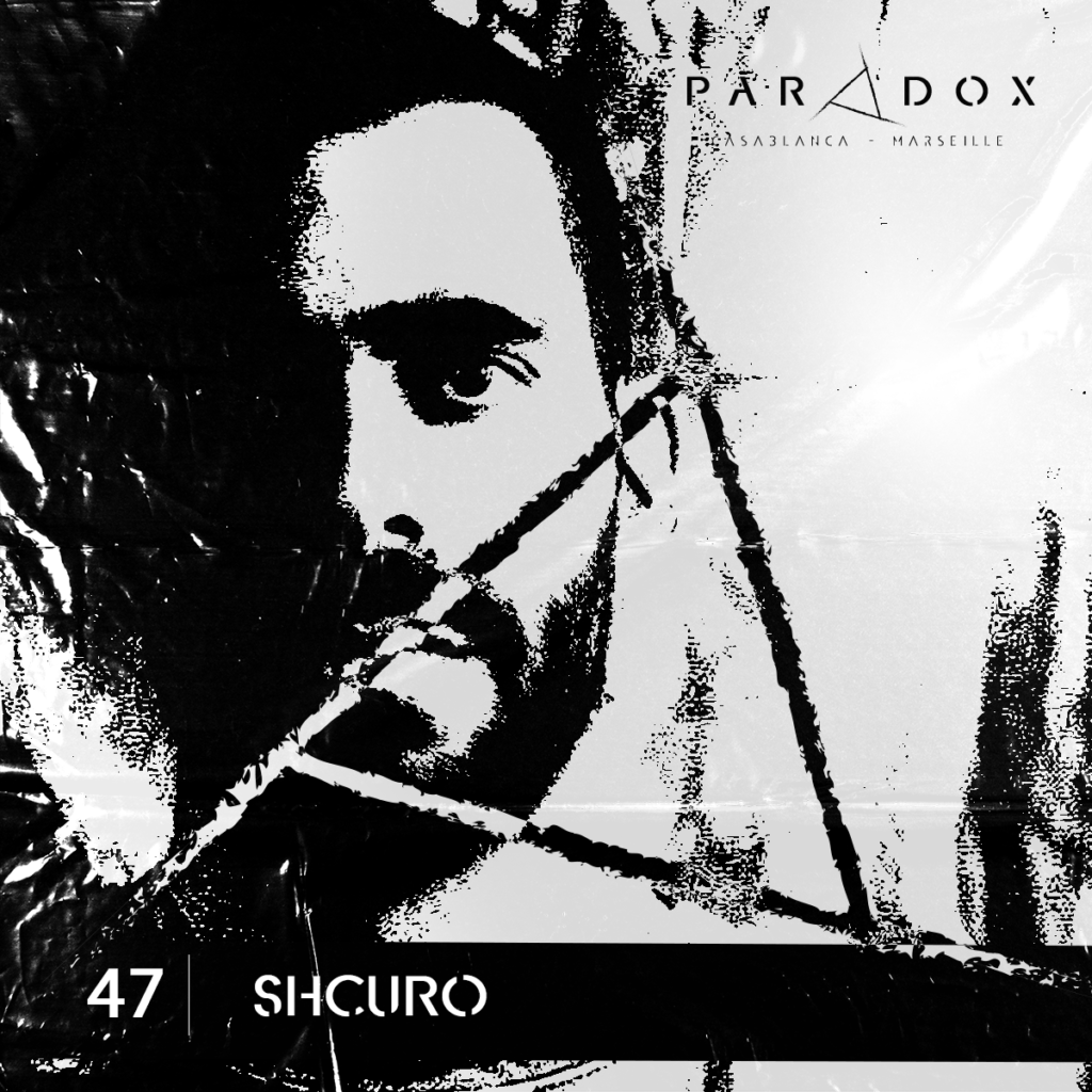 black and white cover of the Paradox techno podcast number 47 with SHCURO