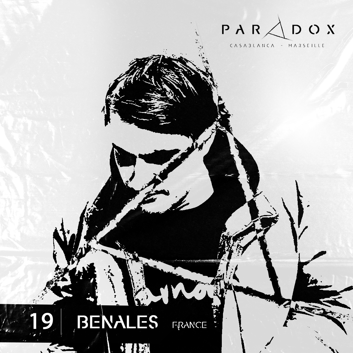 black and white cover of the Paradox techno podcast number 19 with BENALES