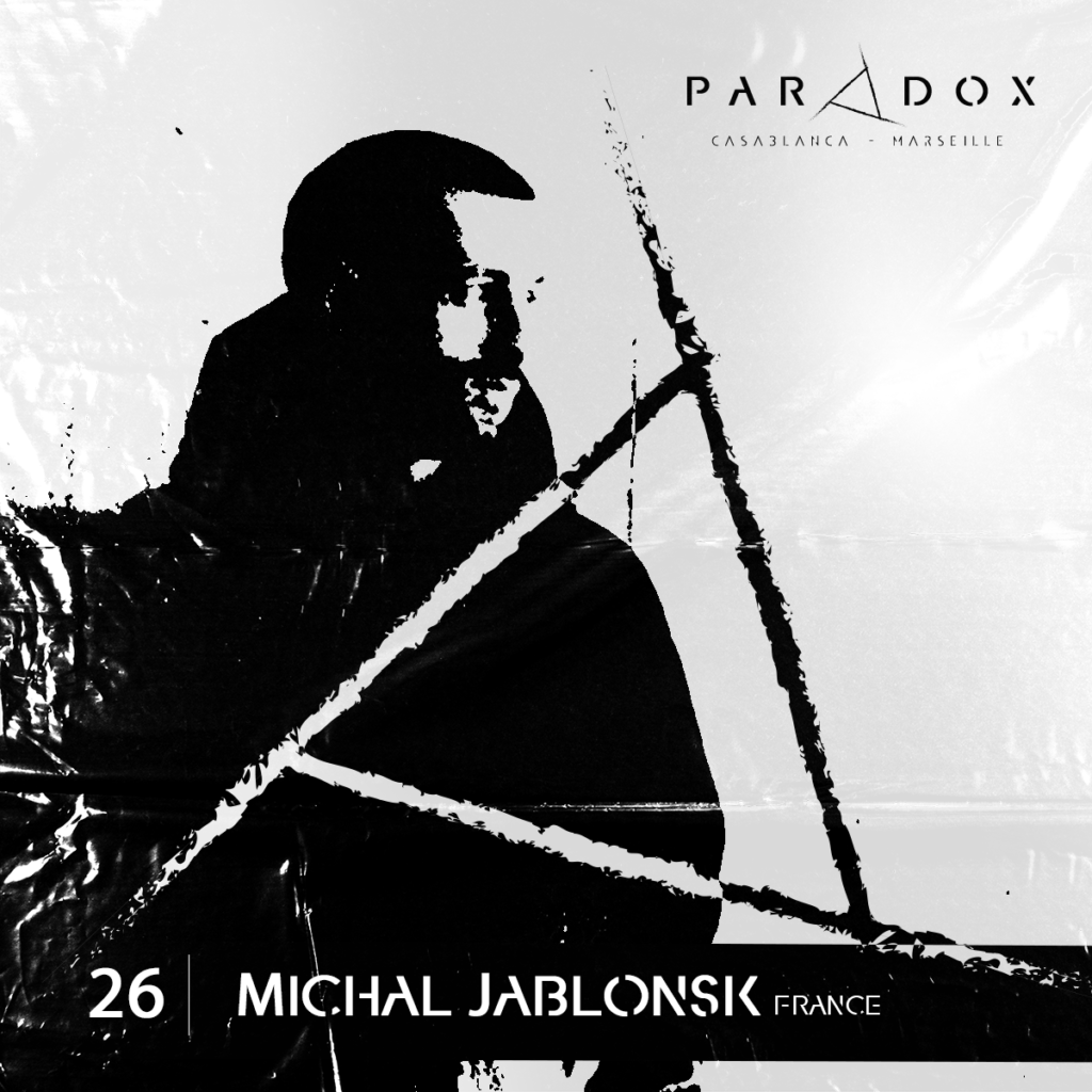 black and white cover of the Paradox techno podcast number 26 with MICHAL JABLONSK