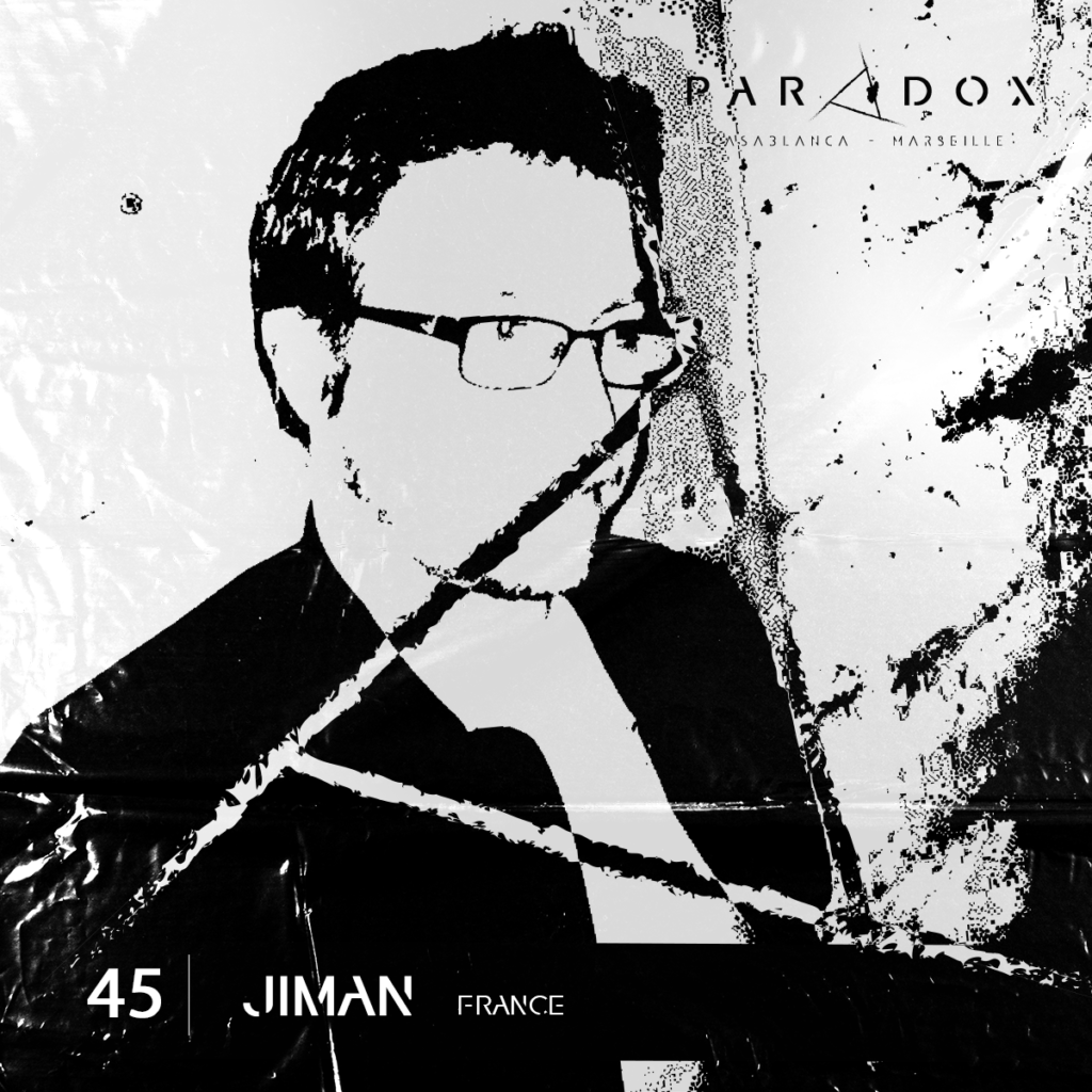 black and white cover of the Paradox techno podcast number 45 with JIMAN