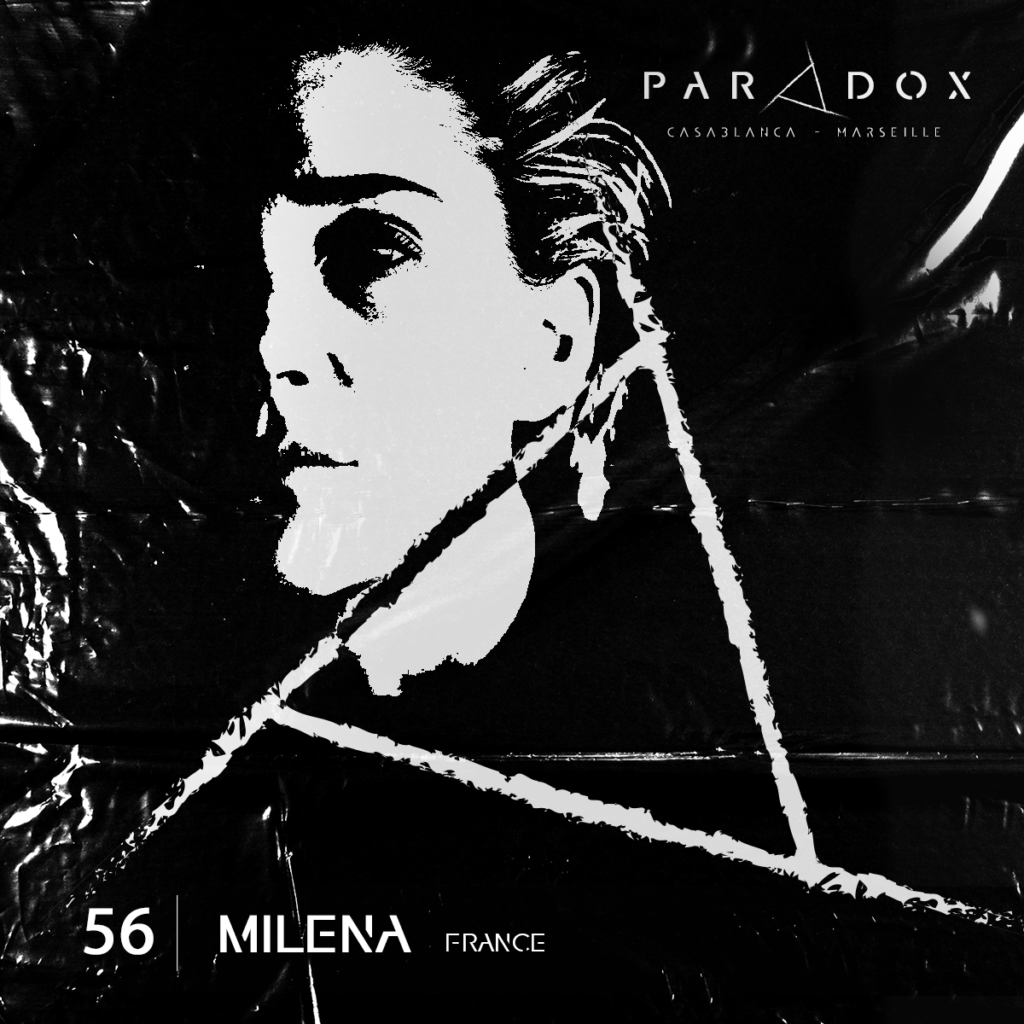 black and white cover of the Paradox techno podcast number 56 with MILENA