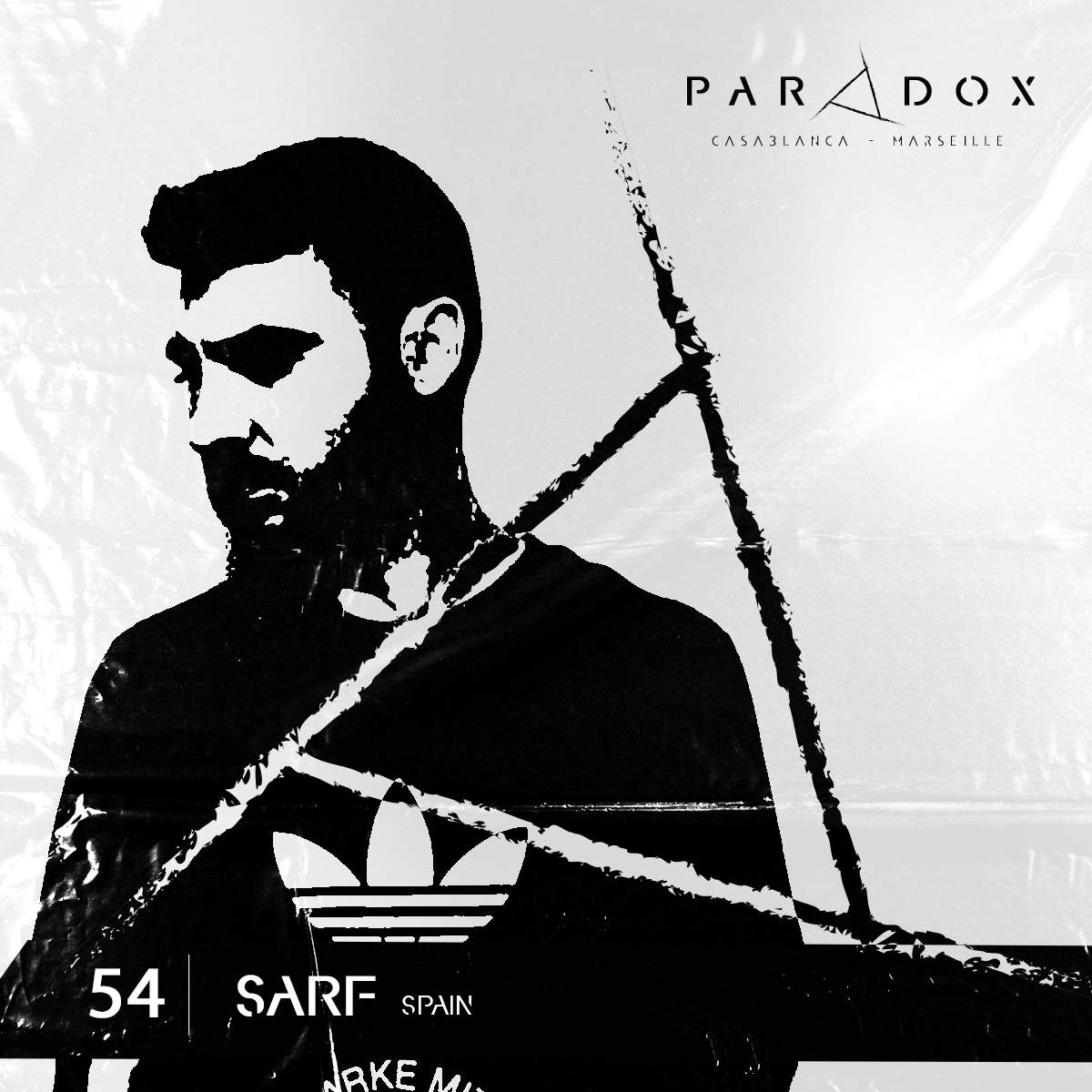 black and white cover of the Paradox techno podcast number 54 with SARF