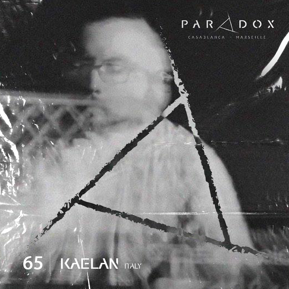 black and white paradox techno podcast cover number 65 with KAELAN