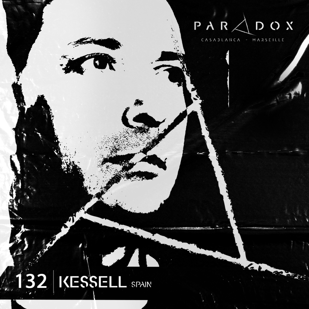 black and white cover of paradox techno podcast number 132 with the artist KESSEL
