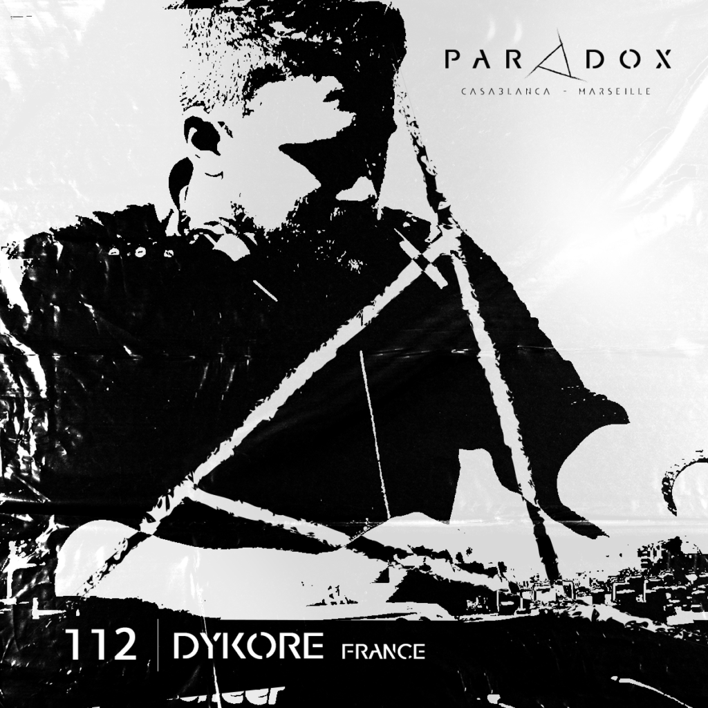 black and white paradox techno podcast cover number 112 with DYKORE