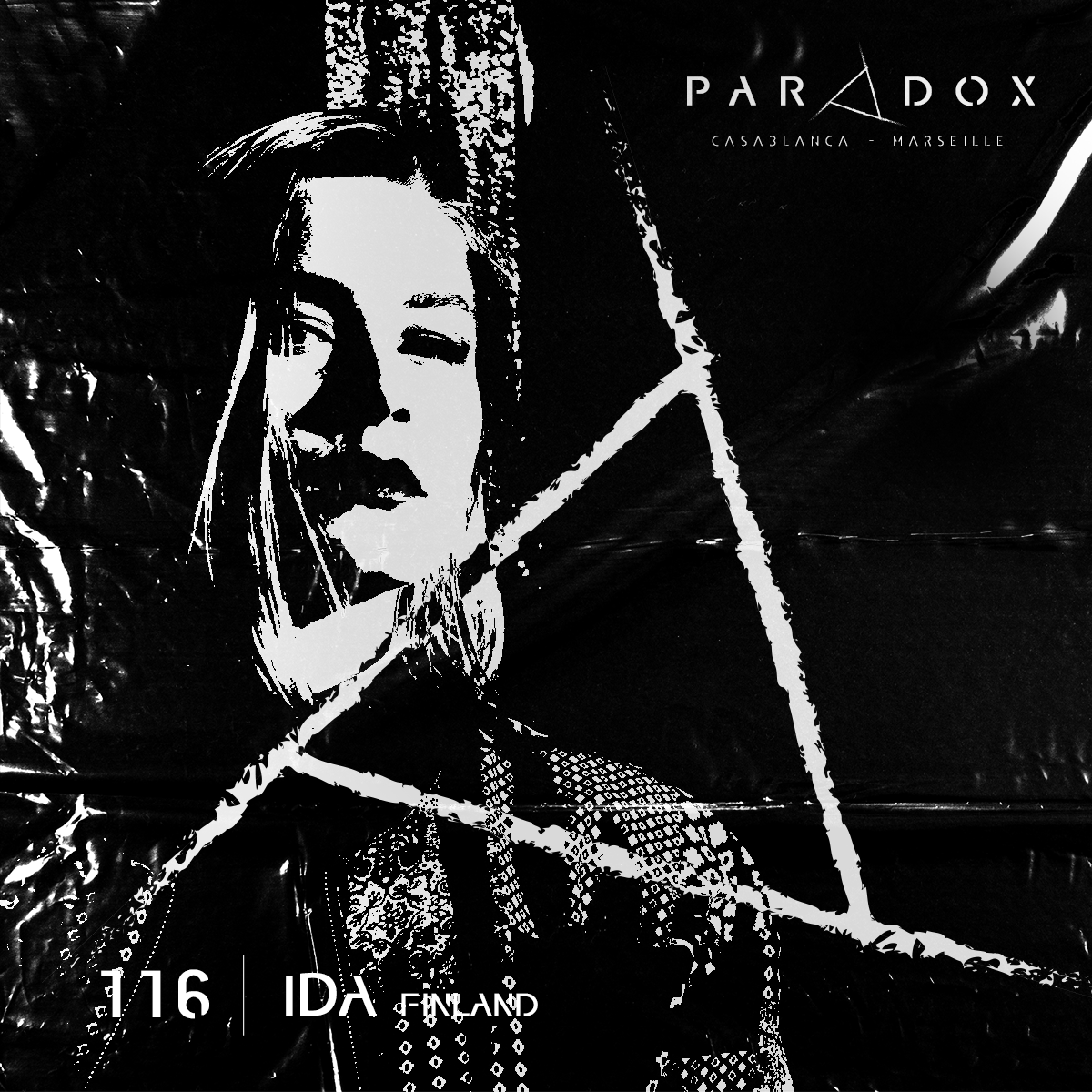 black and white paradox techno podcast cover number 116 with IDA