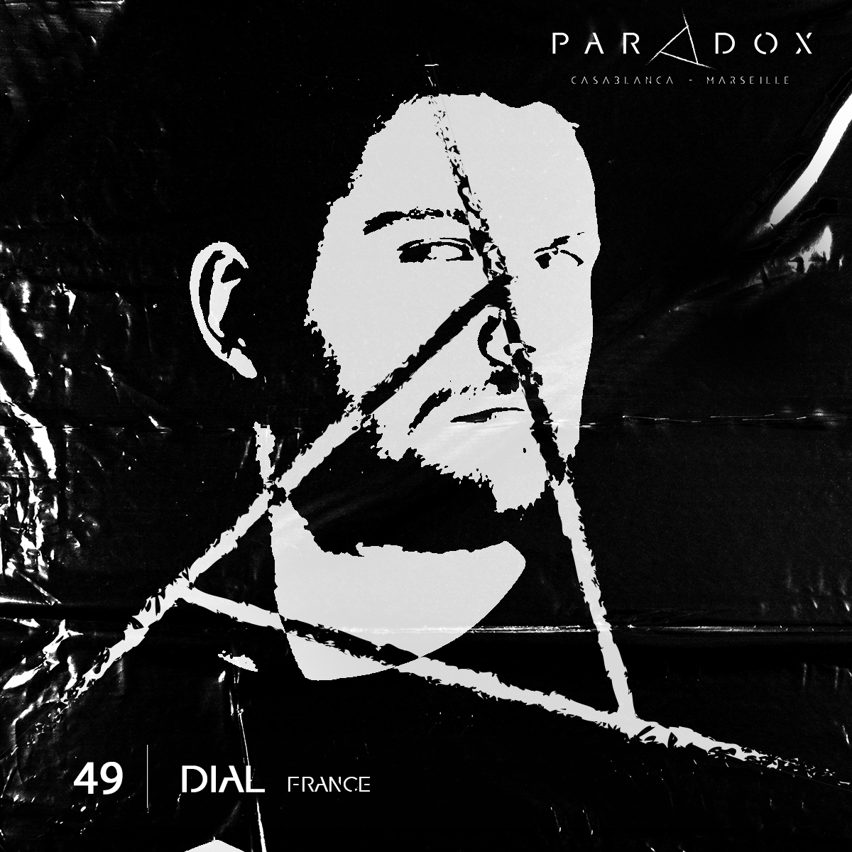 black and white cover of the Paradox techno podcast number 49 with DIAL