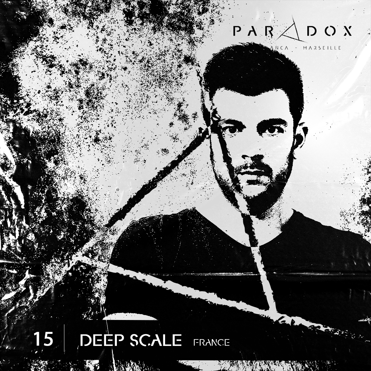 black and white cover of the Paradox techno podcast number 015 with DEEP SCALE