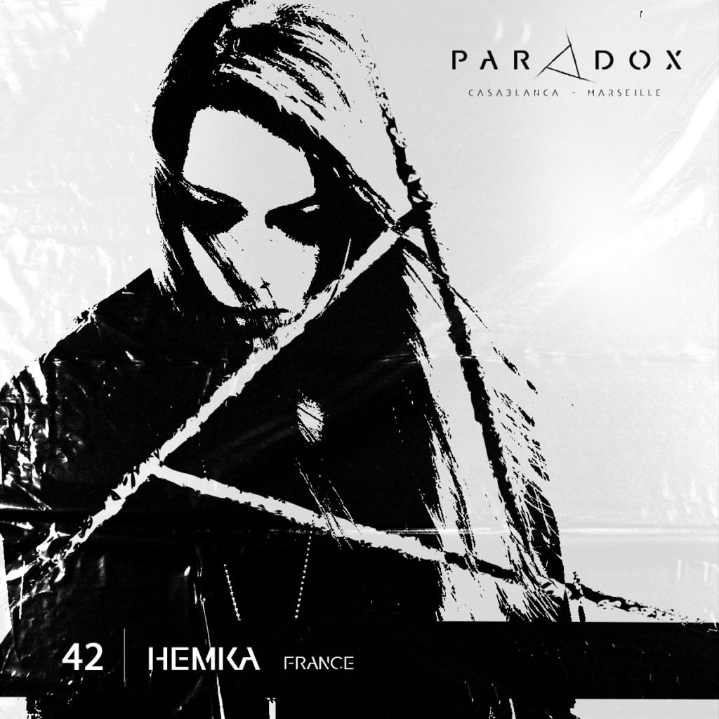 black and white cover of the Paradox techno podcast number 48 with HEMKA