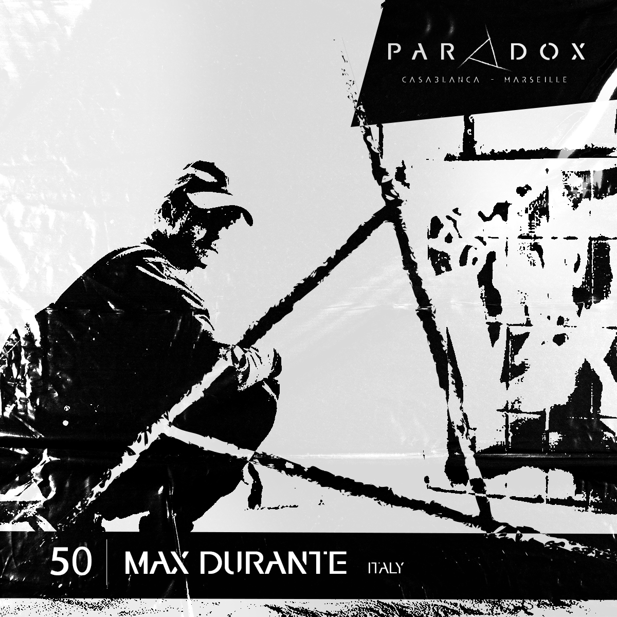 black and white cover of the Paradox techno podcast number 50 with Max Durante
