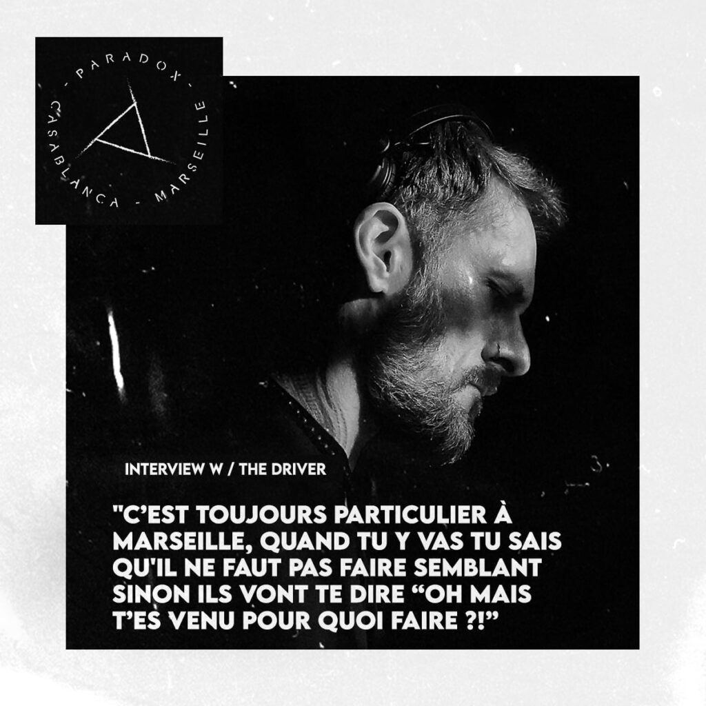 Black and white cover of Paradox techno interview with the artist THE DRIVER