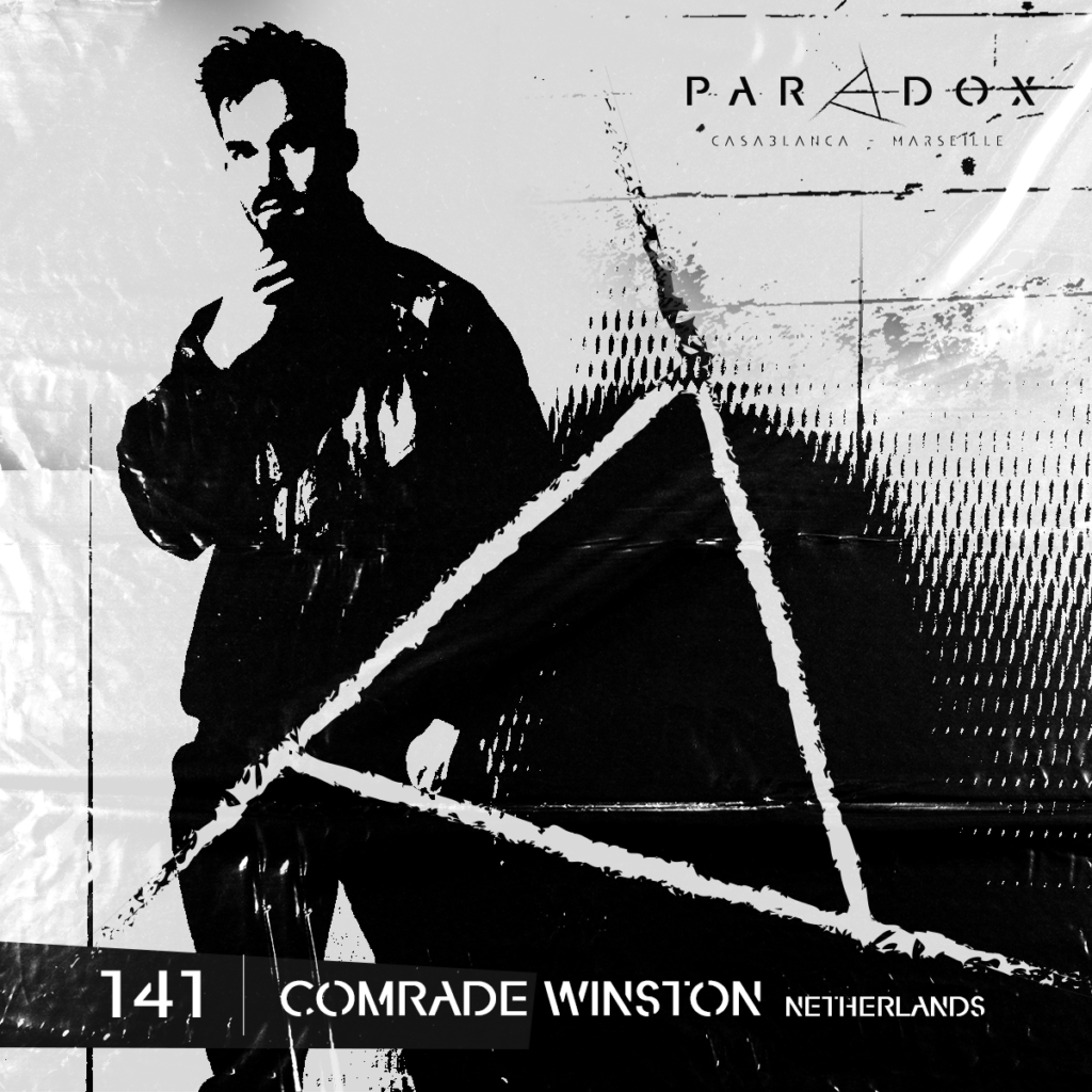 Black and white cover of Paradox techno Podcast number 141 with the artist COMRADE WINSTON