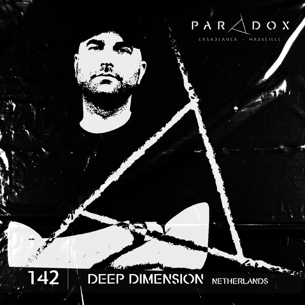 Black and white cover of Paradox techno Podcast number 142 with the artist DEEP DIMENSION