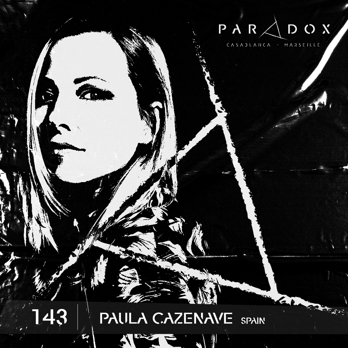Black and white cover of Paradox techno Podcast number 144 with the artist Paula Cazenave
