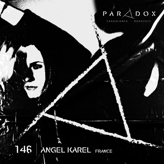 black and white picture of Paradox techno podcast number 146 with Angel Karel