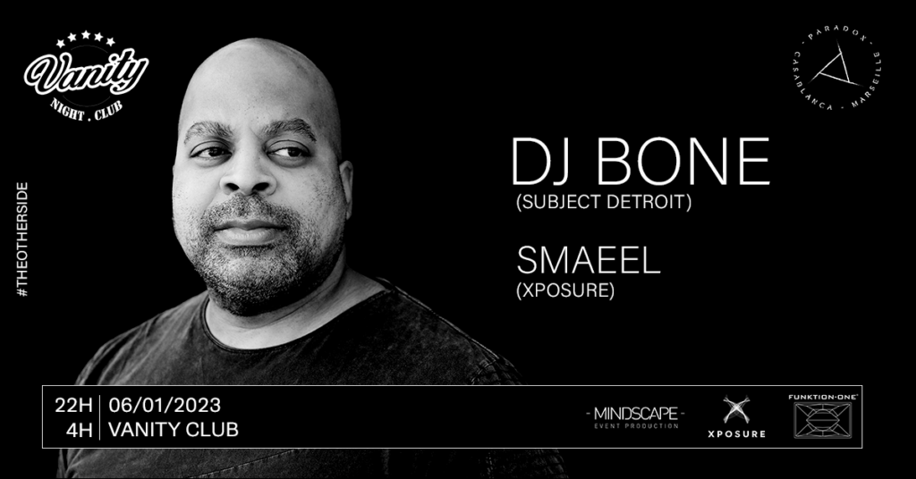 Artwork of Paradox techno night event at Vanity Club in Casablanca with DJ Bone and SMAEEL - 06/01/23