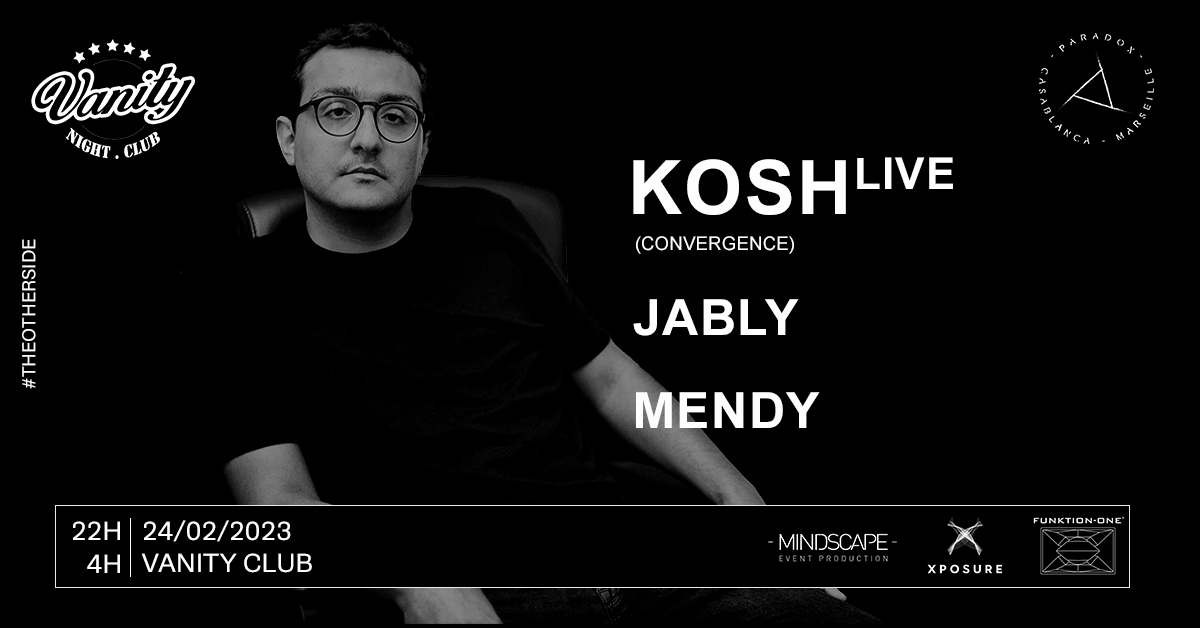 Artwork of Paradox techno night event at Vanity Club in Casablanca with Kosh Live, Jably & Mendy